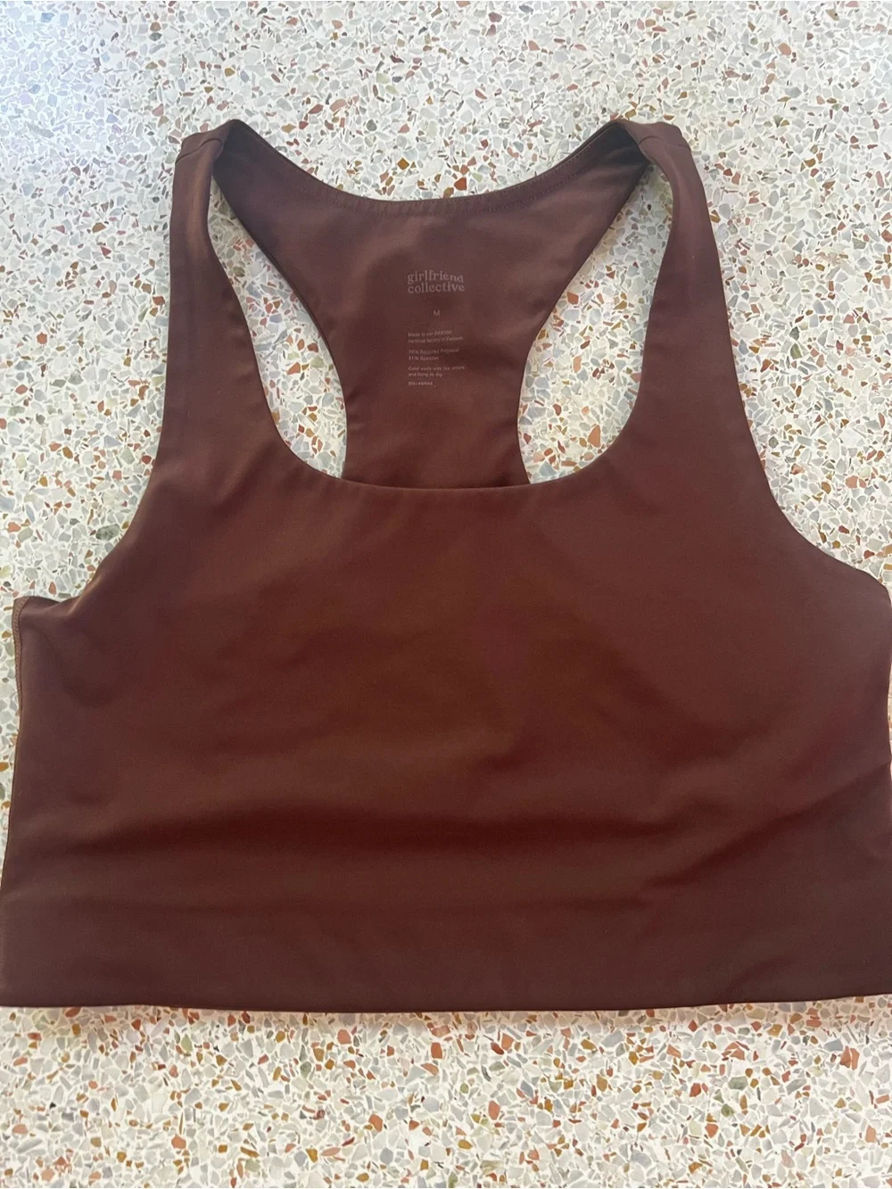 girlfriend collective chocolate brown racerback sports bra